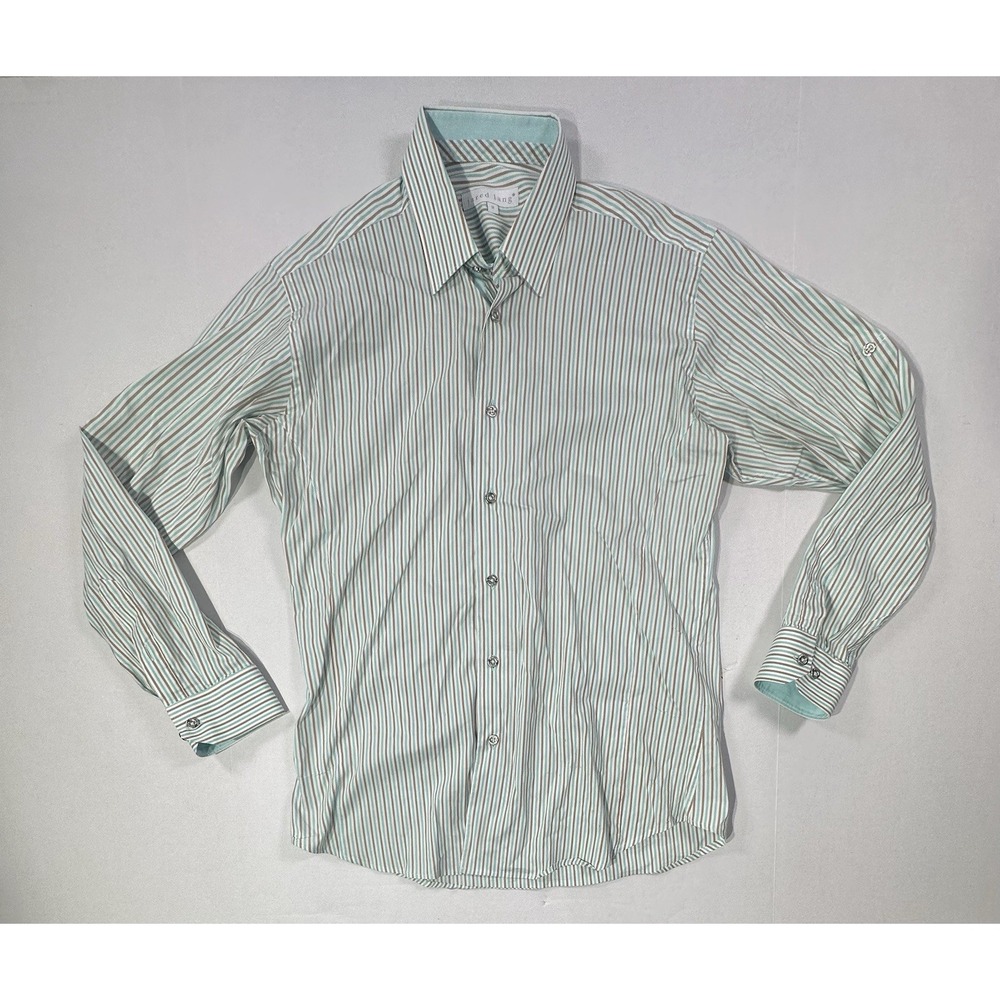 Jared Lang Men's Medium Dress Shirt Striped Brown Aqua White Long Sleeve